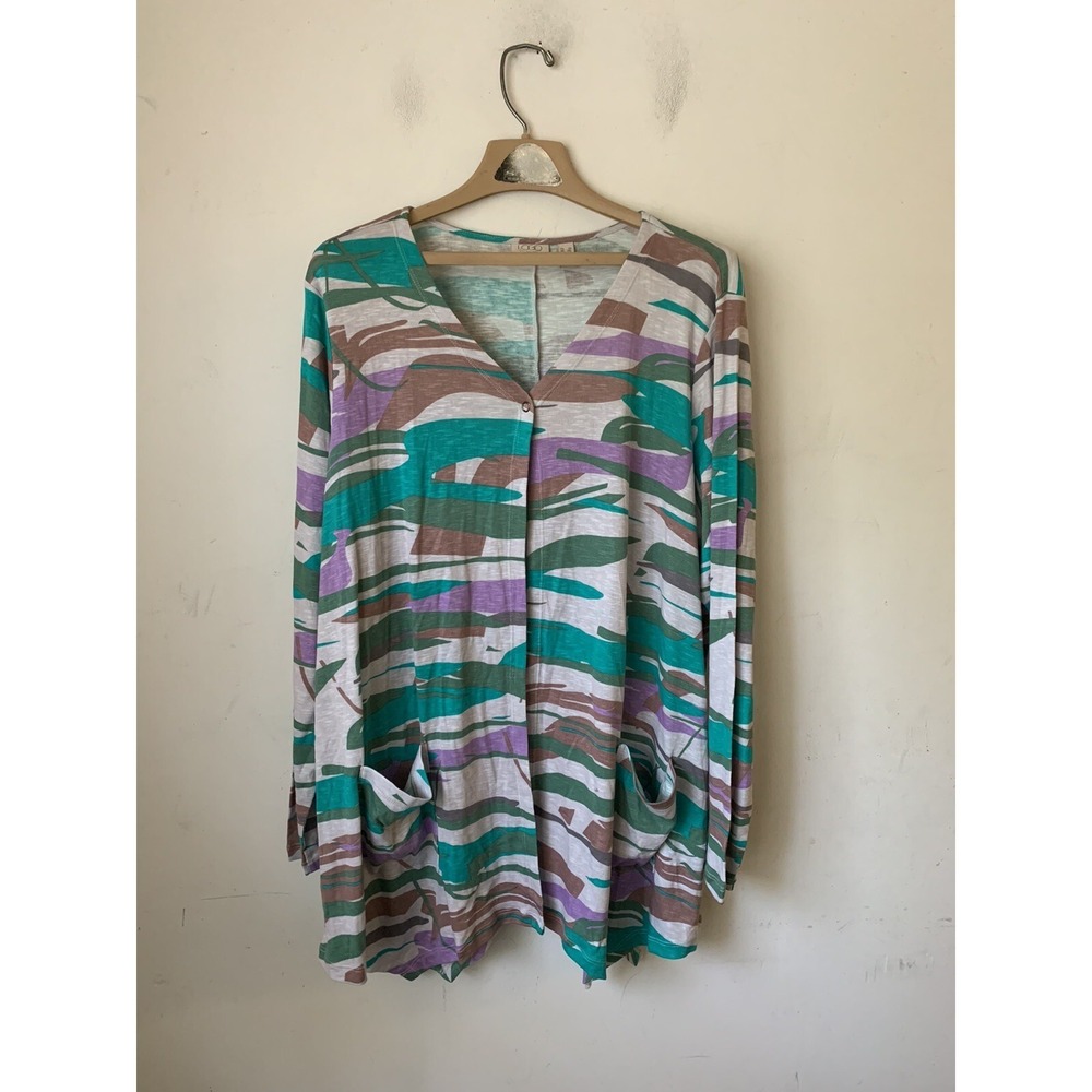 LOGO Lori Goldstein Womens Cardigan 2X Camo Camping Lounge Slouchy Cabincore